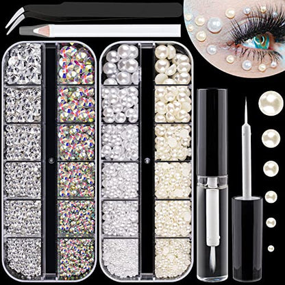 Flat Back Rhinestones&Pearls Kits Round Glass Crystal AB&Transparent White Gems+White&Beige Pearls With Quick Dry Makeup Glue+Picker Pencil+Tweezer - WoodArtSupply