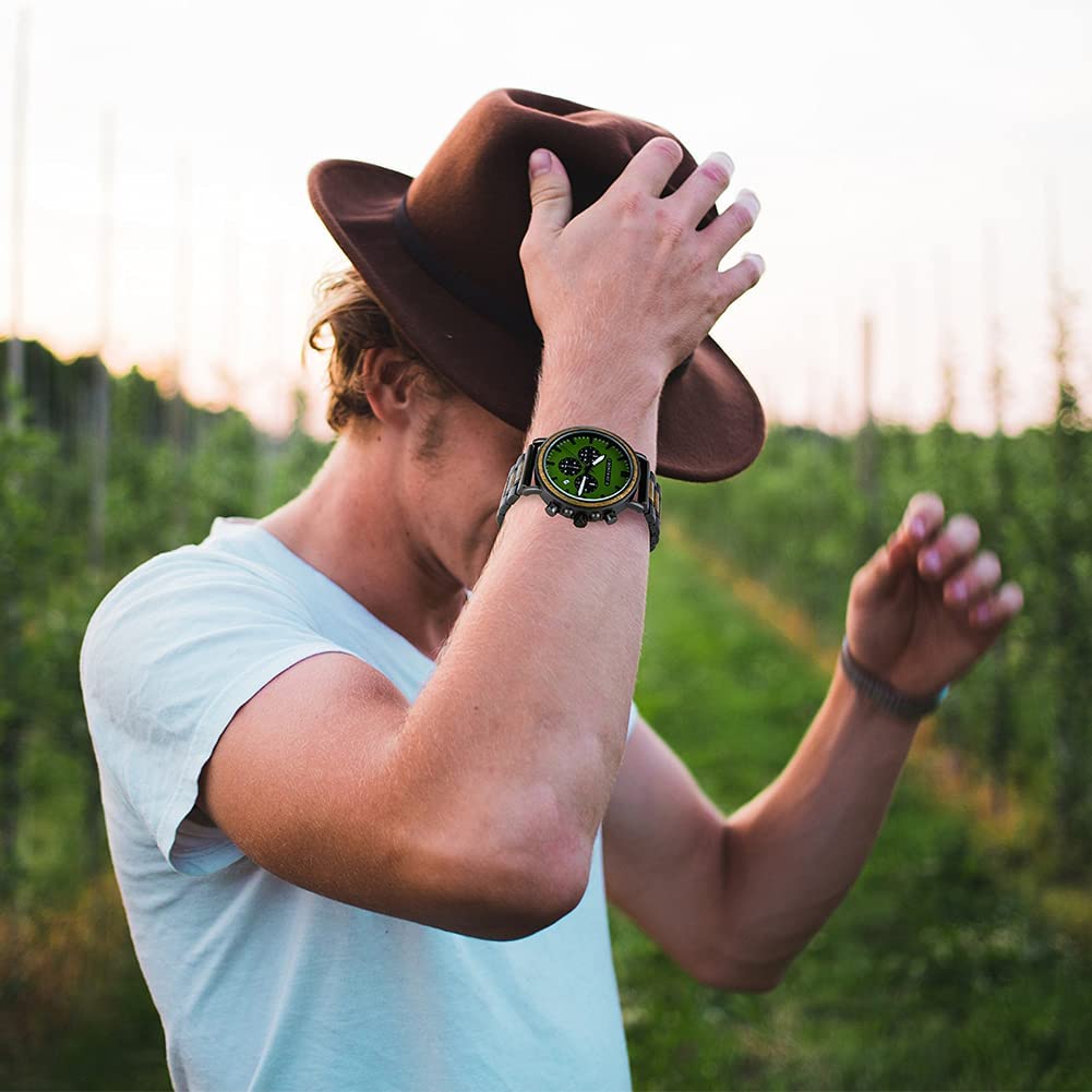 2win Engraved Wooden Watch Stylish Green Dial Design Personalized Wood Watches for Men Husband Boyfriend Fiancé Dad Customized Anniversary Birthday 2win