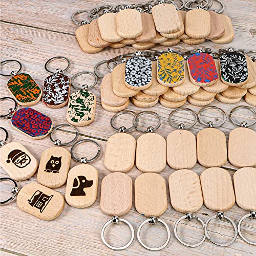 Auihiay 70 PCS Wooden Keychain Blanks, Wood Engraving Blanks Key Chain, Unfinished Rectangle Round Wood Key Tag for DIY Crafts (Rectangle) - WoodArtSupply