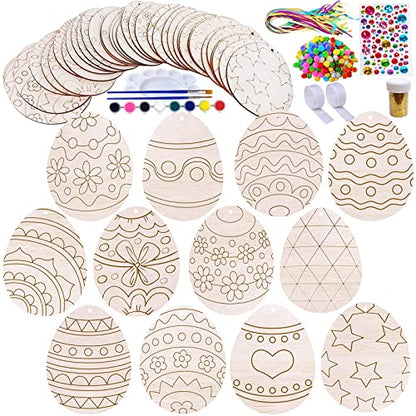 36 Sets Wooden Easter Ornaments Decorations DIY 3D Easter Craft Kit Assorted Paintable Unfinished Wood Easter Egg Ornaments for Kids Party Favors