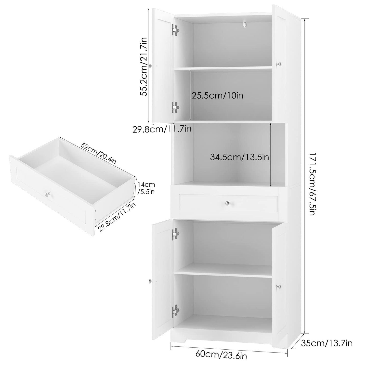 HIFIT Modern Tall Bathroom Storage Cabinet with 4 Doors, Shelves, and Drawer - 67" Freestanding Linen Cabinet in White HIFIT