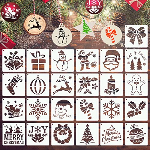 YEAJON 25Pcs Christmas Stencils 4x4 Inch for Painting on Wood Slice, Fabric, Paper, Windows, Cards, DIY Christmas Ornaments, Reusable Merry Christmas YEAJON