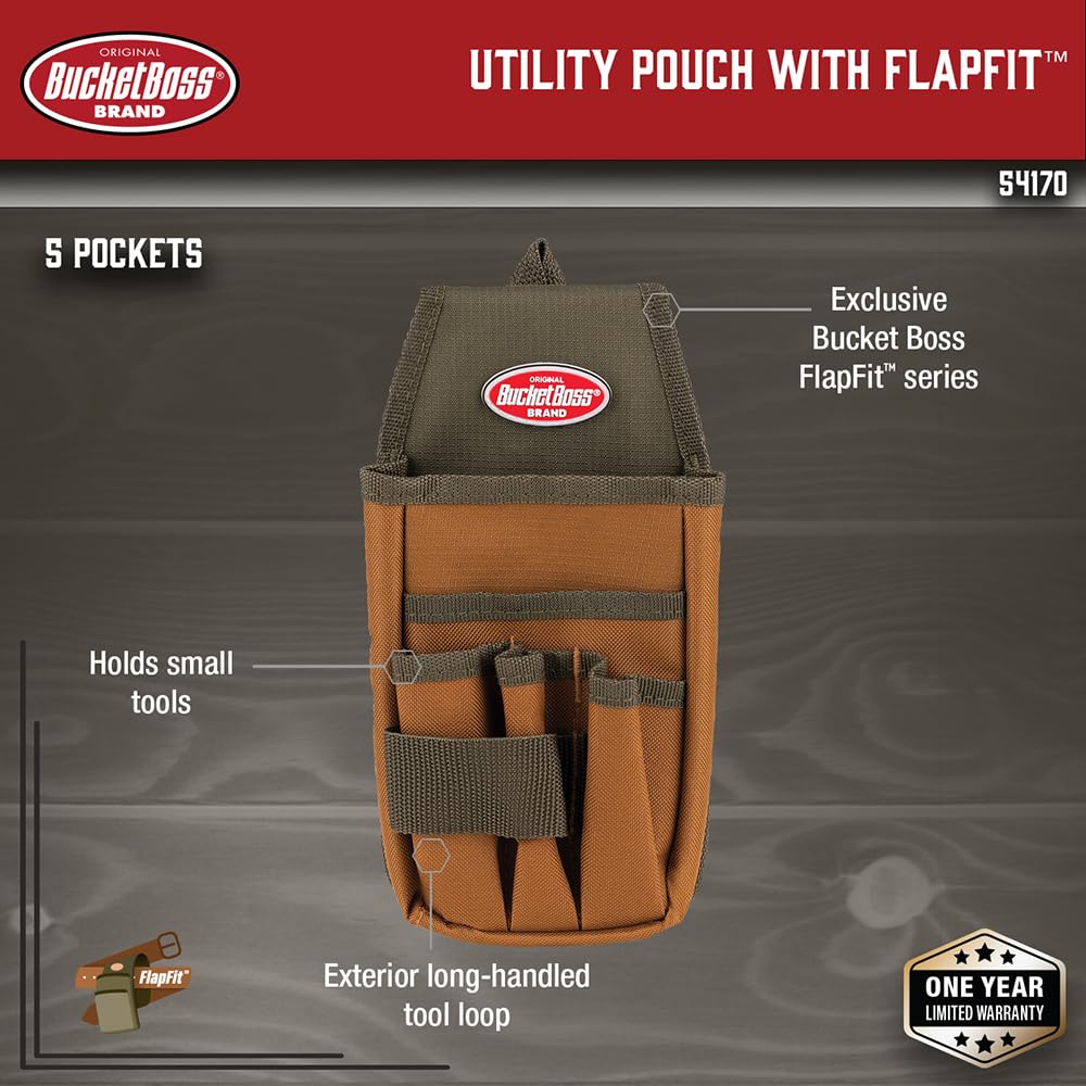 Bucket Boss - Utility Pouch with FlapFit, Pouches - Original Series (54170), Brown - WoodArtSupply