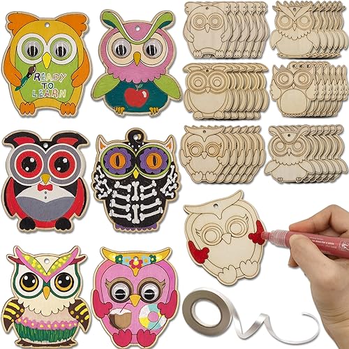 36 Sets Owl Unfinished Wooden Ornaments Craft Make Your Own Owl Blank DIY Owl Cutout Hanging Slices for Kids Xmas Tree Craft Painting All Festival