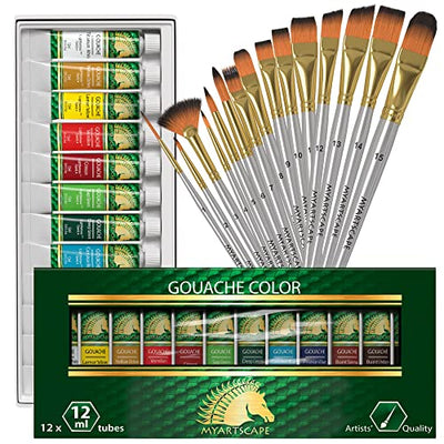 MyArtscape Supplies Paint Set - Gouache 12 x 12ml Paint Tubes - Fade-proof - Rewettable - High Pigment Load - with Premium Set of 15 Short Handle Art