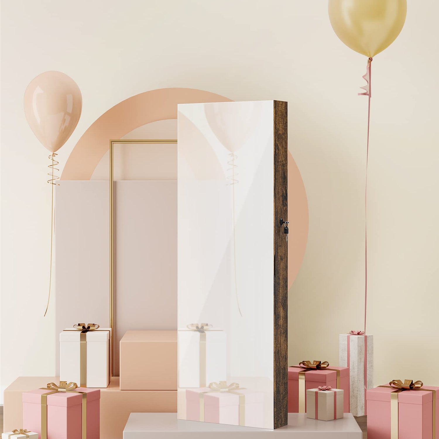 SONGMICS Jewelry Cabinet Armoire, Lockable Wall-Mounted Storage Organizer Unit with 2 Plastic Cosmetic Trays, Full-Length Frameless Mirror, Textured SONGMICS