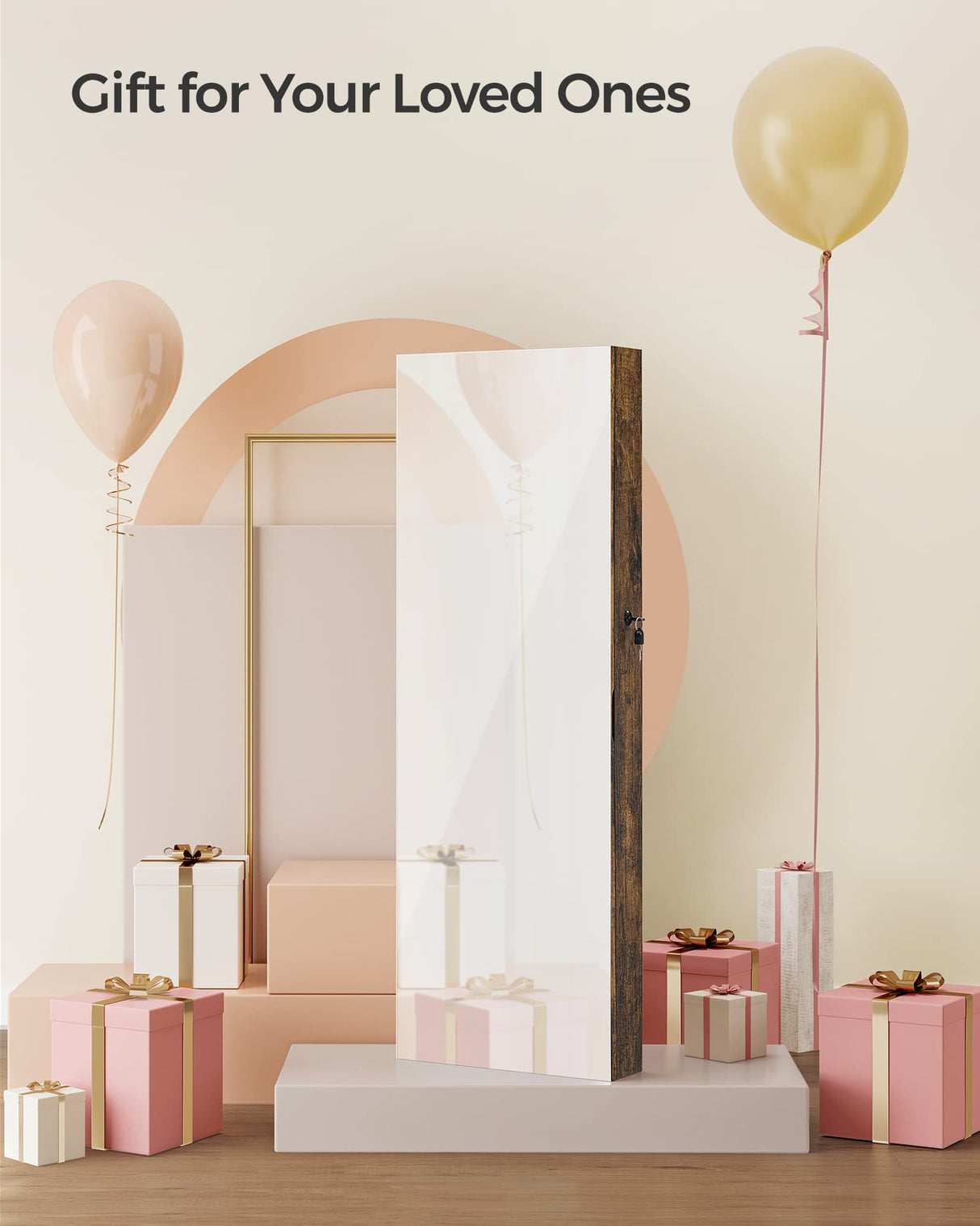 SONGMICS Jewelry Cabinet Armoire, Lockable Wall-Mounted Storage Organizer Unit with 2 Plastic Cosmetic Trays, Full-Length Frameless Mirror, Textured SONGMICS