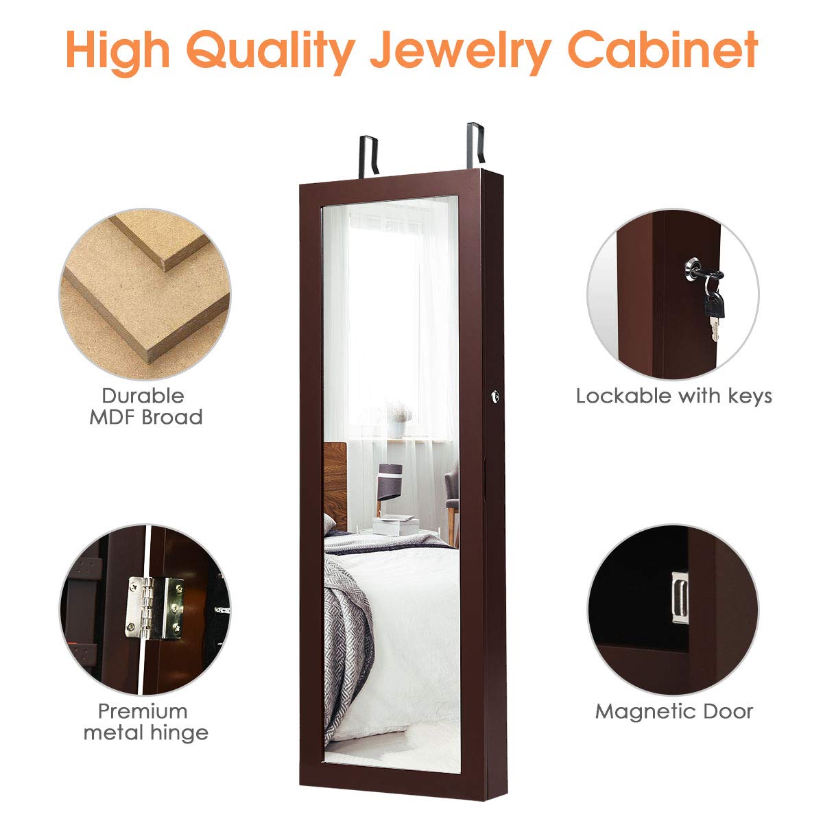 Giantex Jewelry Armoire Wall Door Mounted, Lockable Jewelry Cabinet with 42.5'' Full Length Mirror, 2 LEDs Jewelry Organizer Box with 2 Drawers, Giantex