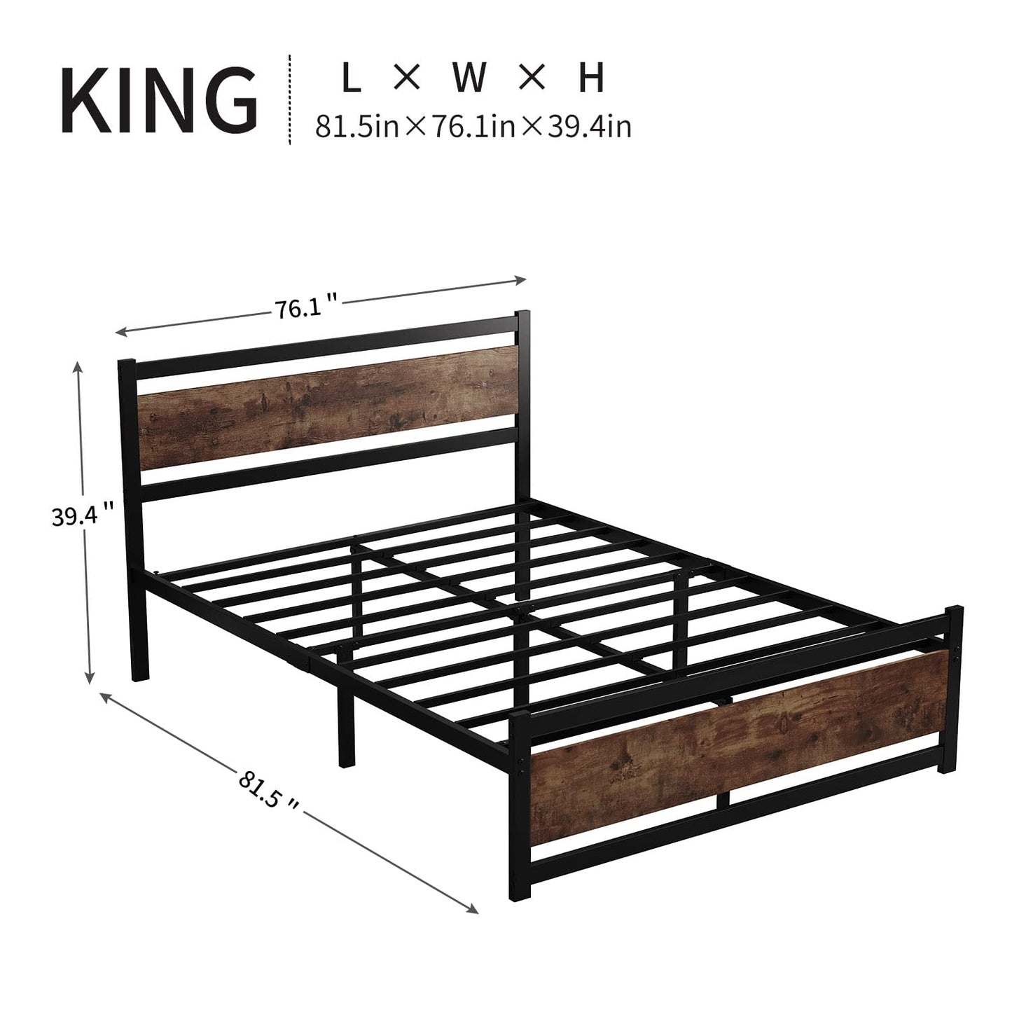 ZIORS King Size Bed Frame with Wooden Headboard, Heavy Duty Metal Platform Bed Frame, No Box Spring Needed, Mattress Foundation Platform,
