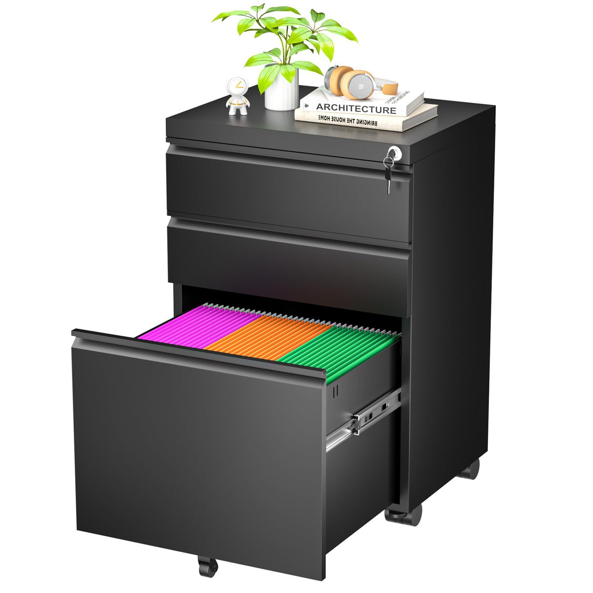 Greenvelly Black 3 Drawer File Cabinet with Wheels, Locking Mobile Filing Cabinet with Lock, Office Rolling File Cabinets for Legal/Letter Size with Greenvelly