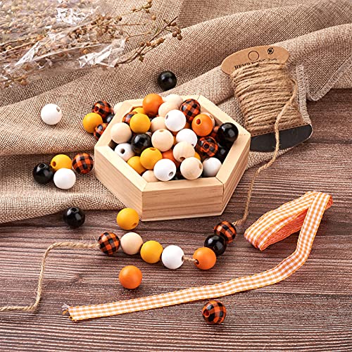 Craftdady 120pcs Natural Wood Beads 16mm Smooth Printed Wooden Loose Beads Unfinished Round Beads with Jute Twine Plaid Ribbon for DIY Jewelry Crafts Craftdady