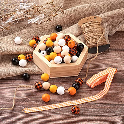 Craftdady 120pcs Natural Wood Beads 16mm Smooth Printed Wooden Loose Beads Unfinished Round Beads with Jute Twine Plaid Ribbon for DIY Jewelry Crafts