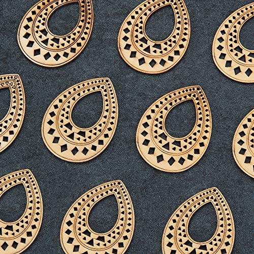 LiQunSweet 10 Pcs 2.7 Inches Vintage Unfinished Undyed Wood Cutout Carved Big Pendant Wooden Water Drop Teardrop Wheat Original Color for Dangle