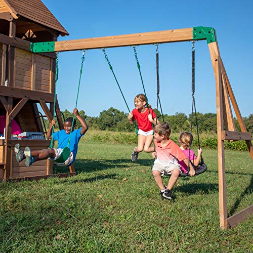Backyard Discovery, Cedar Cove Wood Swing Set, Playground Fort, Chalkboard, Telescope, Dual Slide, Kitchenette, Wide Swing Lanes, 5ft Rock Wall, Step Backyard Discovery