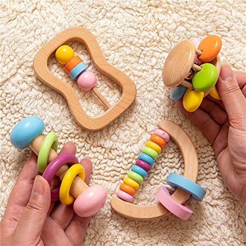 4pc Organic Colorful Baby Rattle Set Safe Food Grade Wood Rattle Soother Bracelet Teether Set Montessori Toddler Toy multicolored