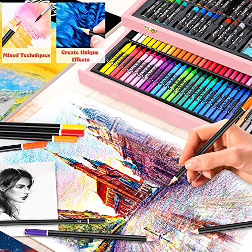 Caliart Pink Art Supplies, 153-Pack Deluxe Wooden Art Set Crafts Drawing Painting Coloring Supplies Kit with 2 A4 Sketch Pads, Halloween Creative Caliart
