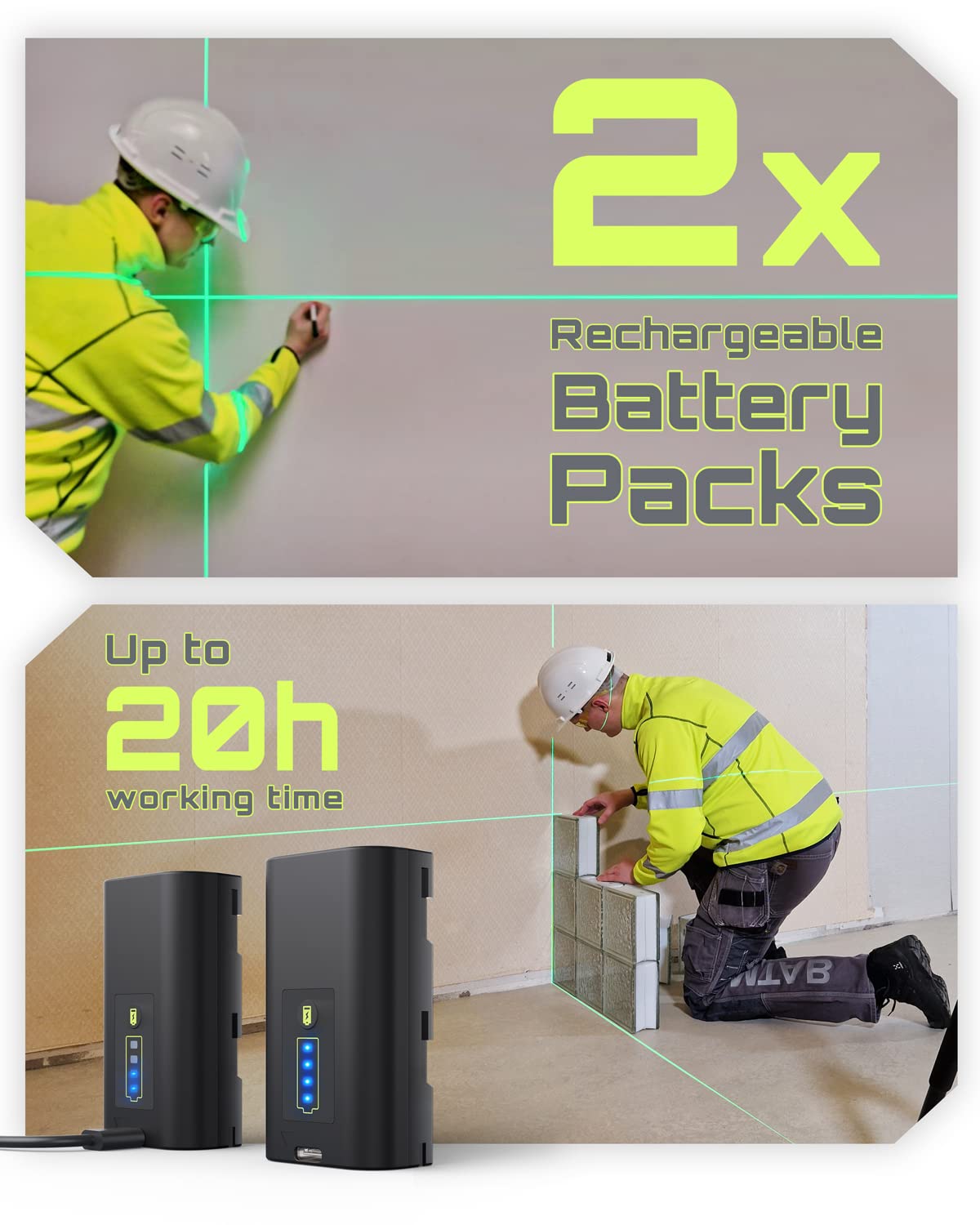 LasGoo LG-3D Laser Level Self Leveling 3x360°, 3D Green Beam Cross Line Laser for Construction and Picture Hanging, 2 Rechargeable Batteries (20 LASGOO