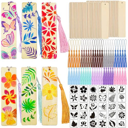 130 Pieces Blank Wood Bookmarks with Colorful Tassels and DIY Templates Unfinished Wood Hanging Tags for Kids DIY Crafts Book Lovers