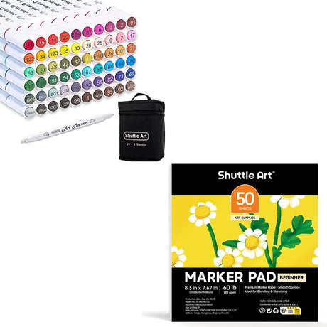 Shuttle Art Alcohol Marker Pad Bundle, Set of 61 Colors Dual Tip Alcohol Markers + 50 Sheets Marker Pad Shuttle Art