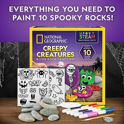 NATIONAL GEOGRAPHIC Creepy Creatures Rock Painting Kit - Halloween Arts & Crafts Kit for Kids, Decorate 10 River Rocks with 10 Paint Colors & More