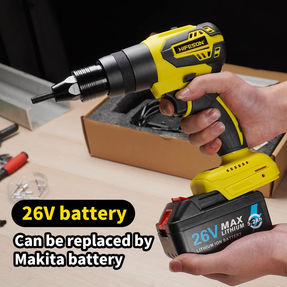 HIFESON Cordless Rivet Gun Tool, 26V Electric Automatic Rivet & Rivet nut Two Functions Professional Kit with 2pcs Battery & Charger (3/16", 5/32", HIFESON