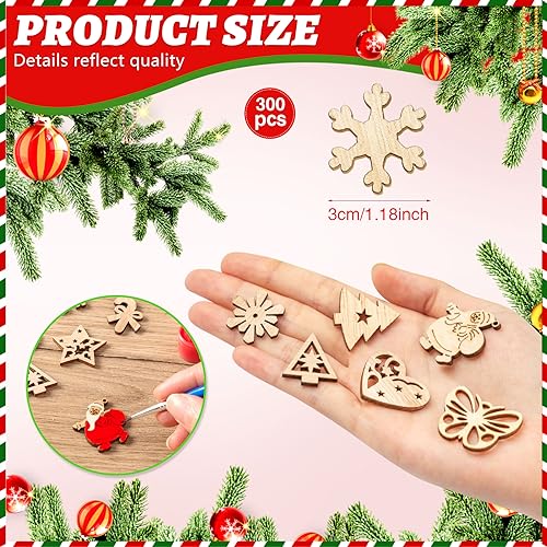 300 Pieces Christmas Unfinished Mini Wooden Ornaments Christmas DIY Mini Wood Blank Cutouts Christmas Tree Painting DIY Craft for Xmas Decorations