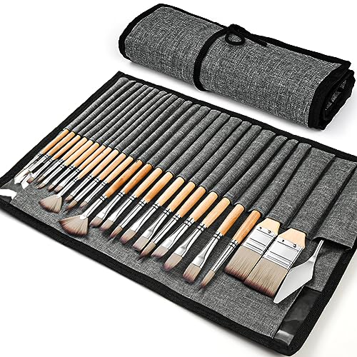Acrylic Paint Brush Set, Golden Maple 25 PCS Paint Brushes for Acrylic Painting Oil Watercolor & Canvas,Enhanced Synthetic Brush Set with Cloth Roll golden maple
