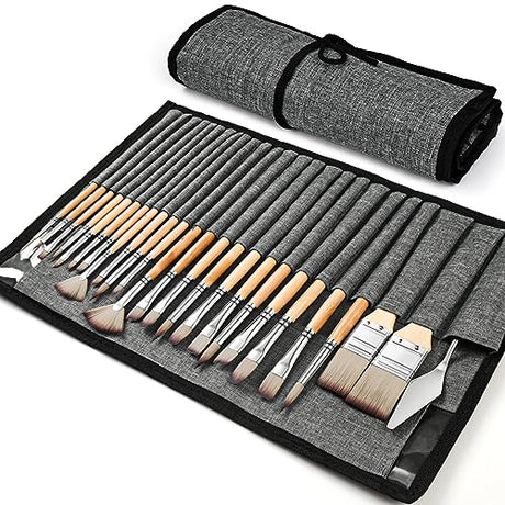 Acrylic Paint Brush Set, Golden Maple 25 PCS Paint Brushes for Acrylic Painting Oil Watercolor & Canvas,Enhanced Synthetic Brush Set with Cloth Roll golden maple