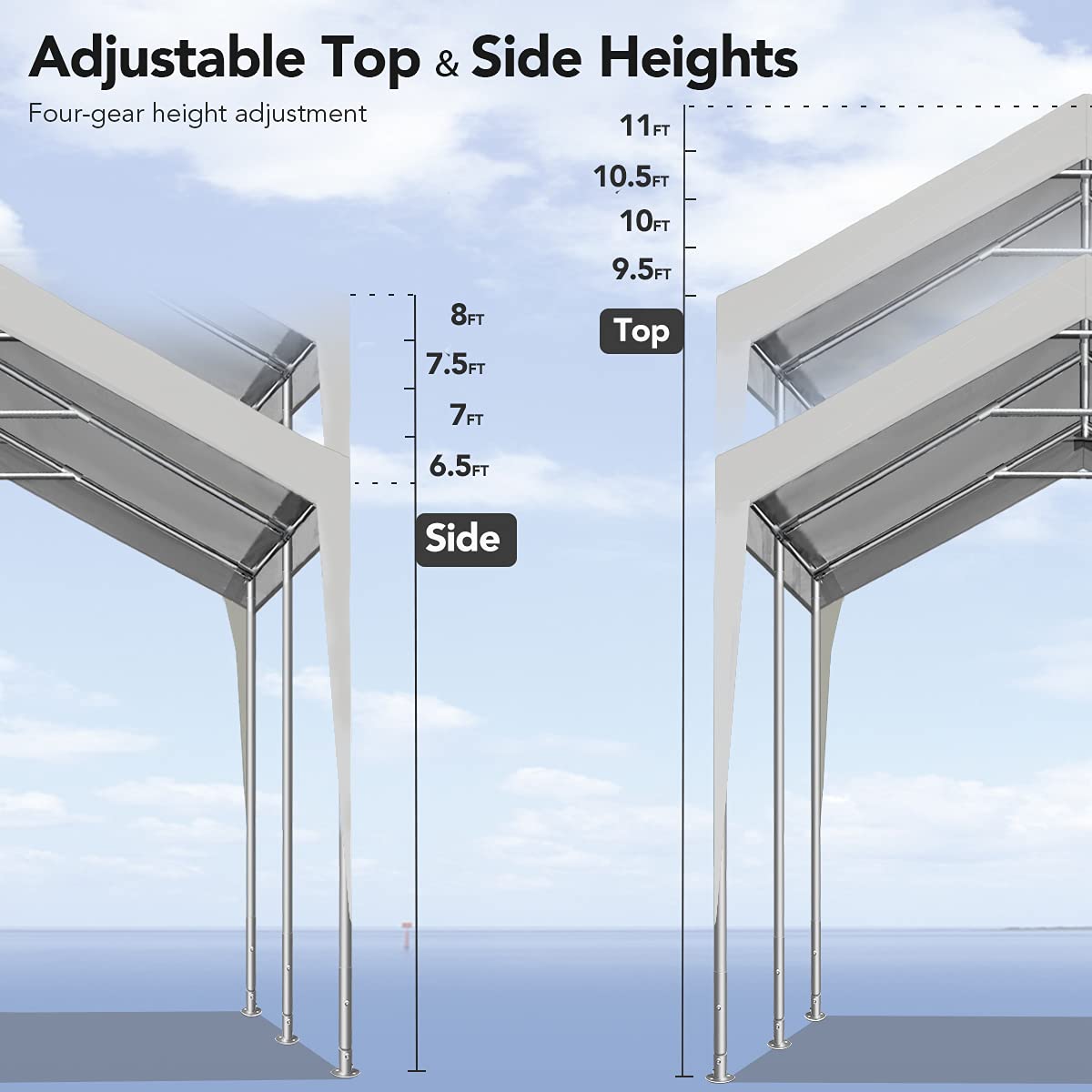 ADVANCE OUTDOOR Adjustable 10x20 ft Heavy Duty Carports Car Canopy Garage Boat Shelter Party Tent, Adjustable Height from 9.5 ft to 11 ft, Gray