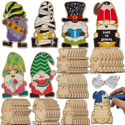 48 Sets Unfinished Gnome Wooden Ornament Crafts Hanging Gnome Cutout Slices Decorations Blank Wooden DIY Craft Kits Painting for All Festival Generic