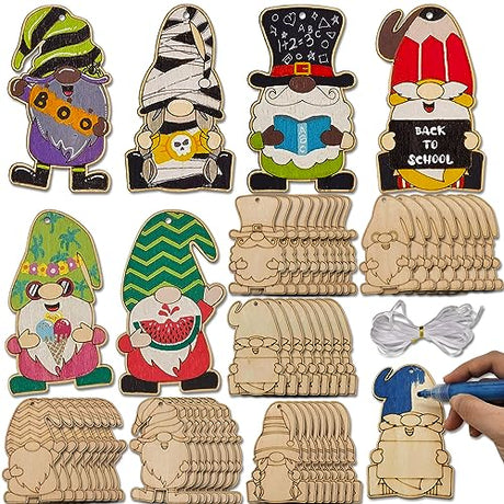 48 Sets Unfinished Gnome Wooden Ornament Crafts Hanging Gnome Cutout Slices Decorations Blank Wooden DIY Craft Kits Painting for All Festival Generic
