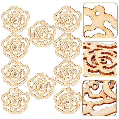 Hollow Rose Flower Mini Wooden Slices DIY Crafts Cutouts Wooden Scrapbooking Flower Shaped Hanging Ornaments for Valentine's Day Wedding Party - WoodArtSupply