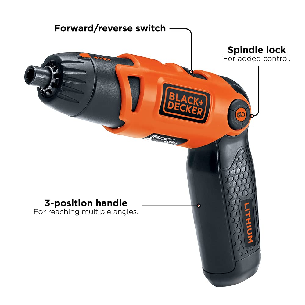 BLACK+DECKER Cordless Screwdriver with Pivoting Handle, Electric Screwdriver, 180 RPM, 3.6V, Charger and 2 Hex Shank Bits Included (Li2000) BLACK+DECKER