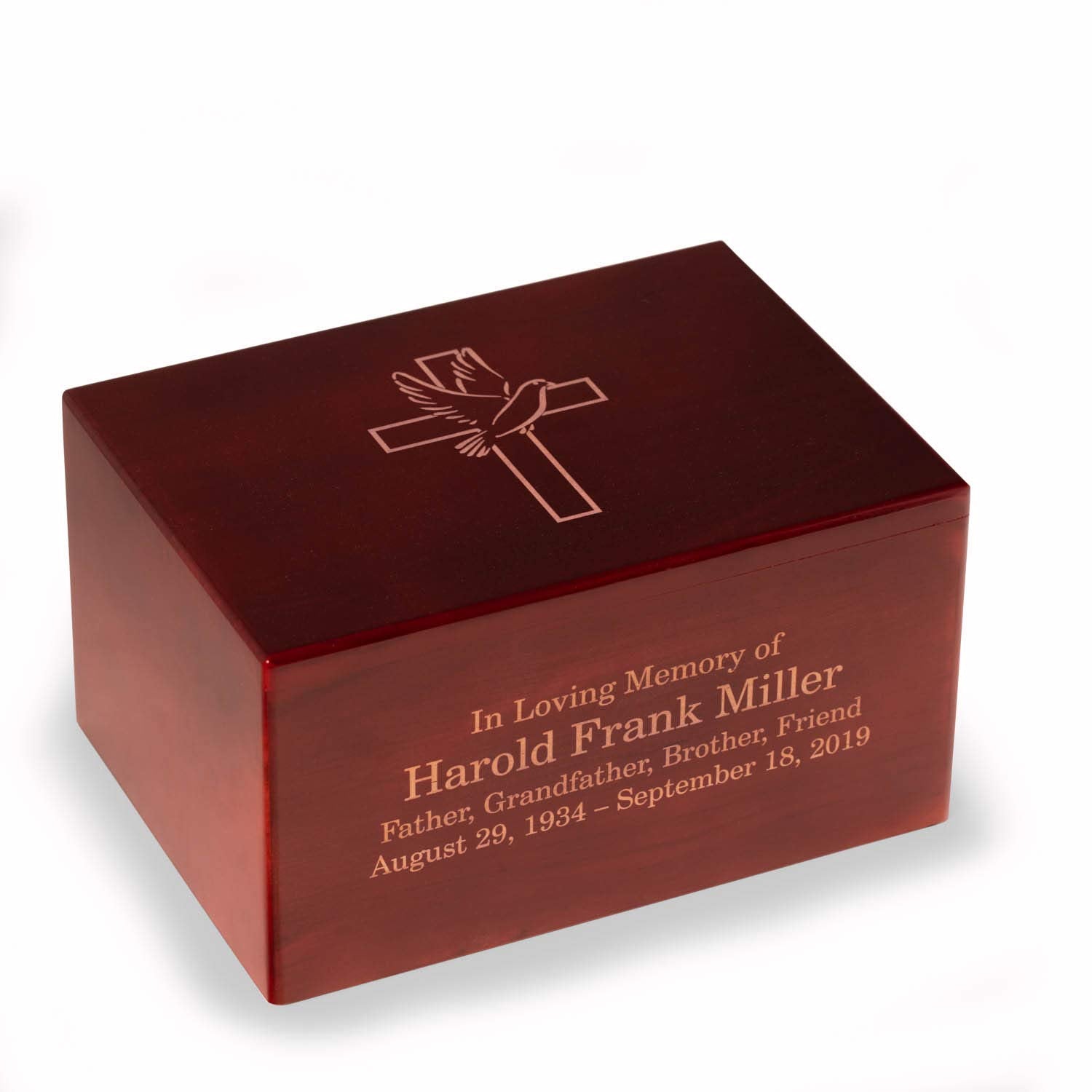 Deering Moments Custom Engraved Lacquered Rosewood Funeral Cremation Urn for Human Ashes, Religious Cross with Dove (Large) - WoodArtSupply