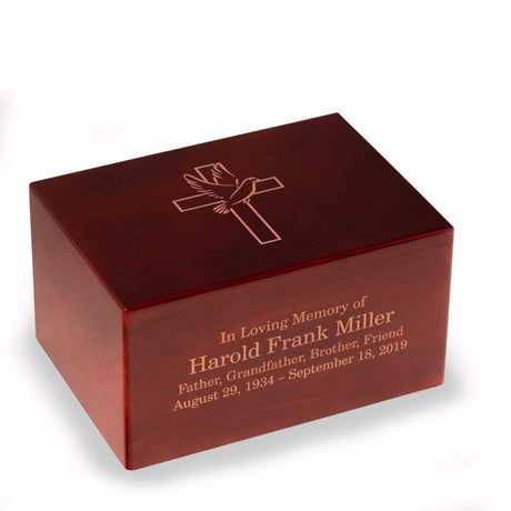 Deering Moments Custom Engraved Lacquered Rosewood Funeral Cremation Urn for Human Ashes, Religious Cross with Dove (Large) Deering Moments