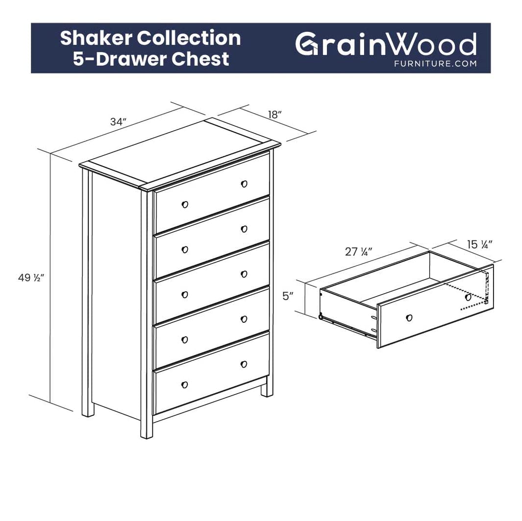 Grain Wood Furniture Shaker 5-Drawer Chest, Walnut