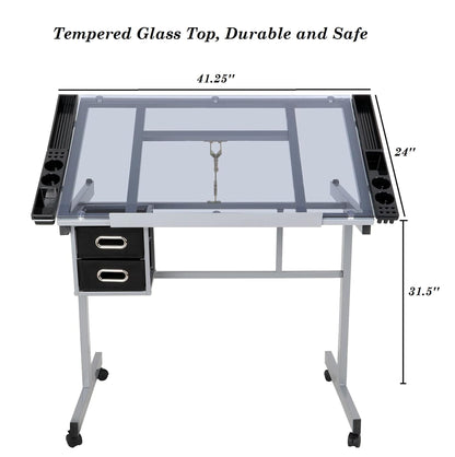 ZENY Drafting Table, 41.2''W x 24''D Glass Top Adjustable Craft Table Drawng Desk Artist Hobby Table Writing Desk with Wheels