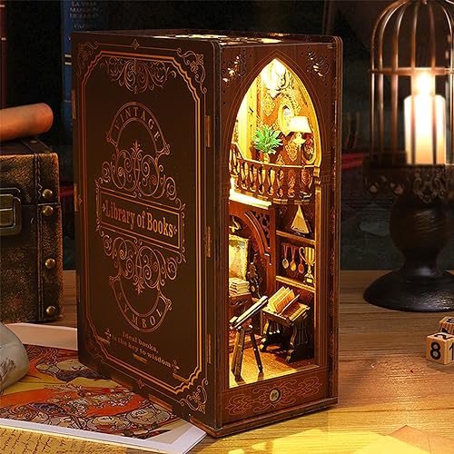 ISSEVE DIY Book Nook Kit, 3D Wooden Puzzle DIY Miniature House Kit for Book Nook Shelf Insert Decoration, Magic Book House Stand Bookshelf Dollhouse ISSEVE