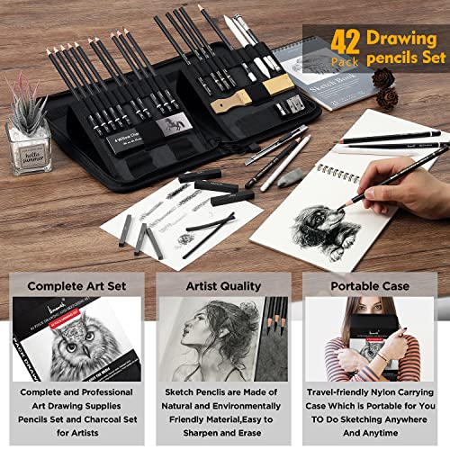 Brusarth 42 Pack Drawing Set Sketching Kit, Pro Art Sketch Supplies with Sketchbook, Include Graphite Pencil, Charcoal Pencil, Sharpener, Eraser Art Brusarth