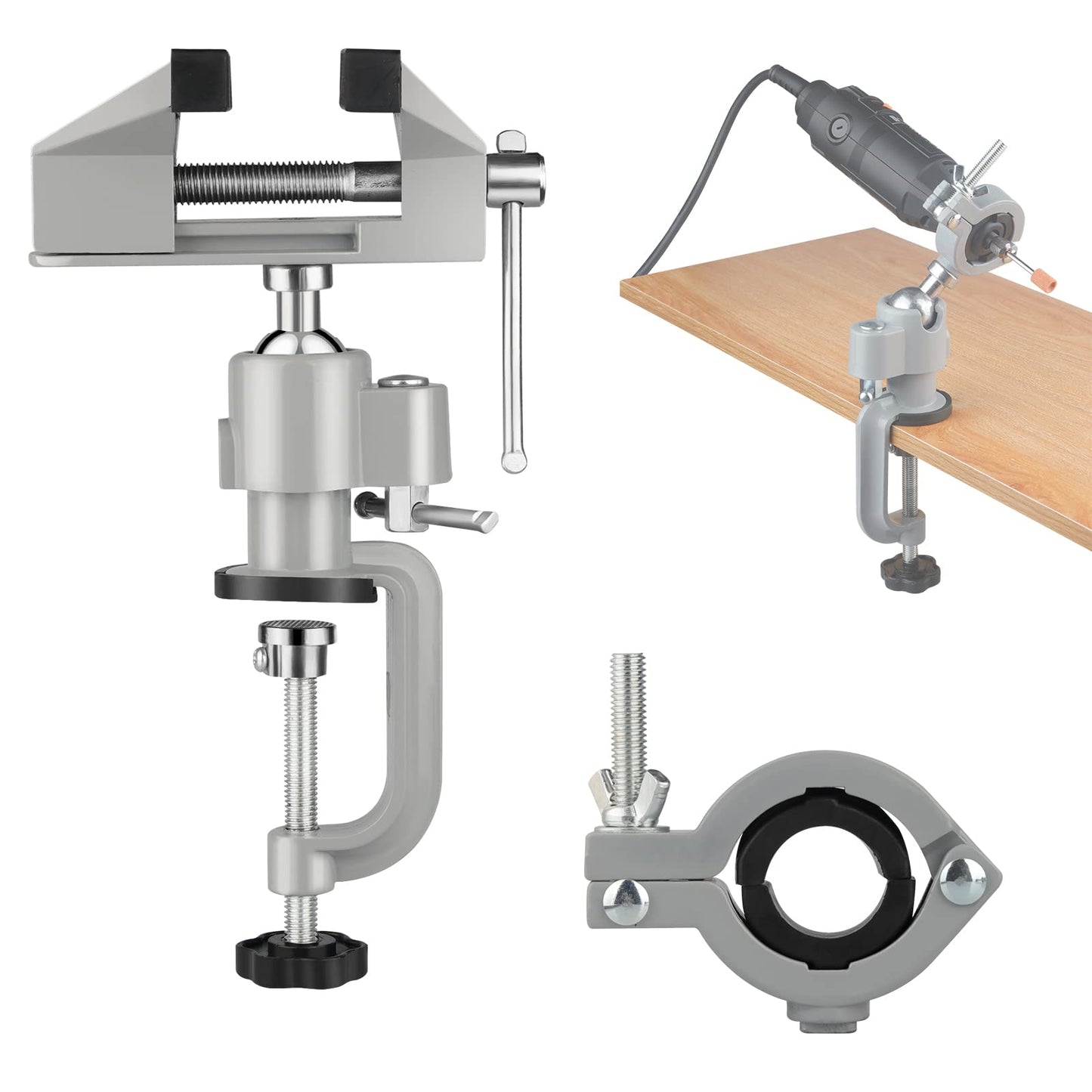 Table Vise,2 in 1 Universal Rotate 360° Work Clamp-On Vise,Table Vice with Electric Drill/Grinder Holder for Woodworking, Drilling, Sawing, Jewelry