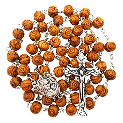 TALISMAN4U CATHOLIC ROSARY NECKLACE Olive Wood Carved Beads With Jerusalem Soil & Cross Crucifix in Gift Box TALISMAN4U