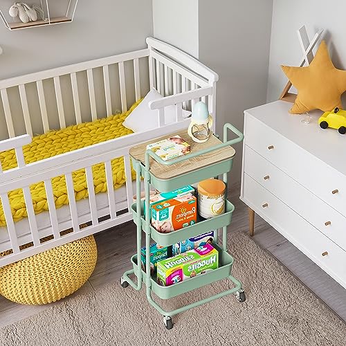 DTK 3 Tier Rolling Utility Cart with Cover Board, Lockable Wheels, and Storage Baskets in Green DTK