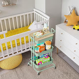 DTK 3 Tier Rolling Utility Cart with Cover Board, Lockable Wheels, and Storage Baskets in Green DTK