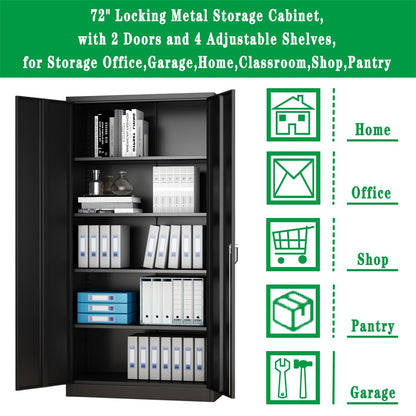 Anwick Locking Metal Storage Cabinet with 2 Doors and 4 Adjustable Shelves, for Office, Garage, Home, Classroom, Shop, Pantry, 72" (Black) - WoodArtSupply