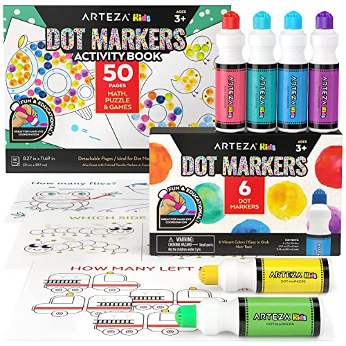 Arteza Kids Dot Markers and Kids’ Activity Book, 6 Nontoxic Bingo Daubers, 50-Page Book with Math, Puzzles, and Games — Preschool Supplies for - WoodArtSupply