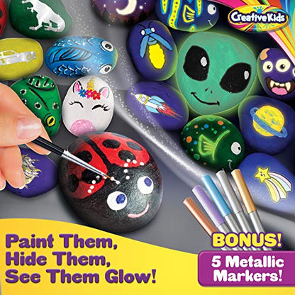 Kids Rock Painting Kit Christmas Gift - 20 Rocks, 5 Glow in The Dark & 12 Standart Paints, 5 Metallic Markers - Art Supplies for Kids Toy Gift Ages