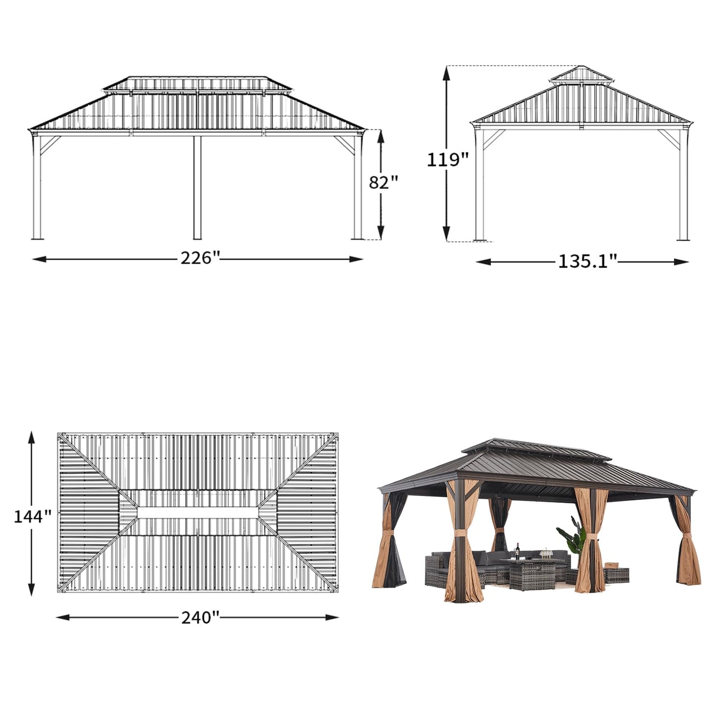 Breezestival 12FT×20FT Hardtop Gazebo, Galvanized Steel Double Roof Outdoor Gazebo with with a Mosquito Net and Privacy Sidewalls, All-Weather - WoodArtSupply