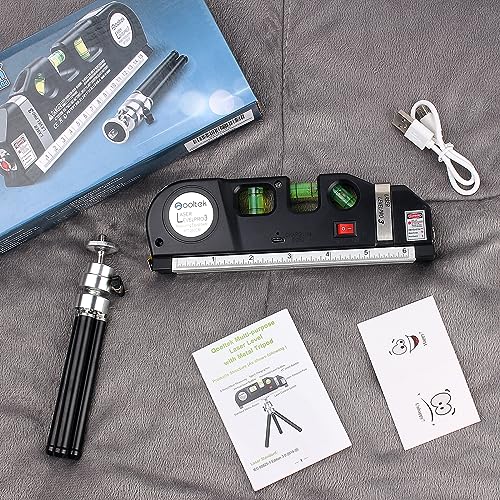 Laser Level line tool, Qooltek Multipurpose Cross Line Laser Adjusted Standard and Metric Rulers for hanging picture with Metal Tripod Stand and Qooltek