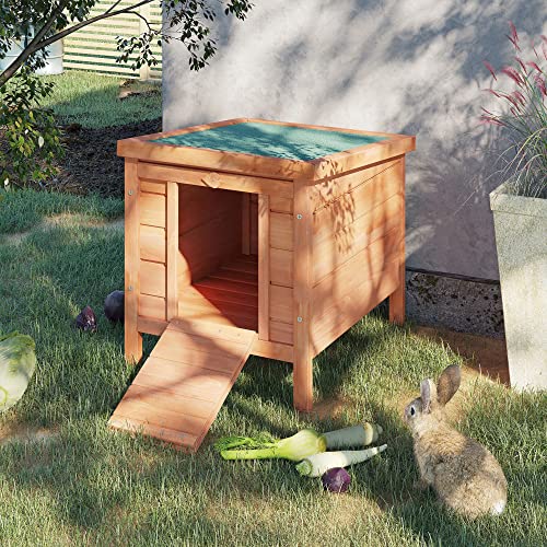 PawHut Small Wooden Rabbit Hutch Bunny Cage Guinea Pig Cage Duck House Dog House with Openable & Waterproof Roof, Natural - WoodArtSupply