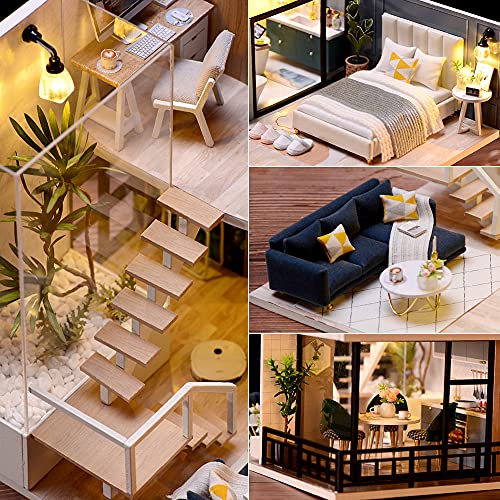 TuKIIE DIY Miniature Dollhouse Kit with Furniture, 1:24 Scale Creative Room  Mini Wooden Doll House Accessories Plus Dust Proof & Music Movement for